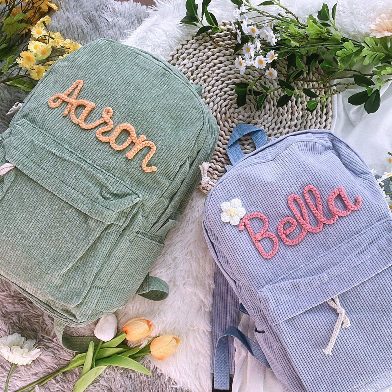 Handmade Embroidered Corduroy Toddler Backpack: Personalized Kids School Bag