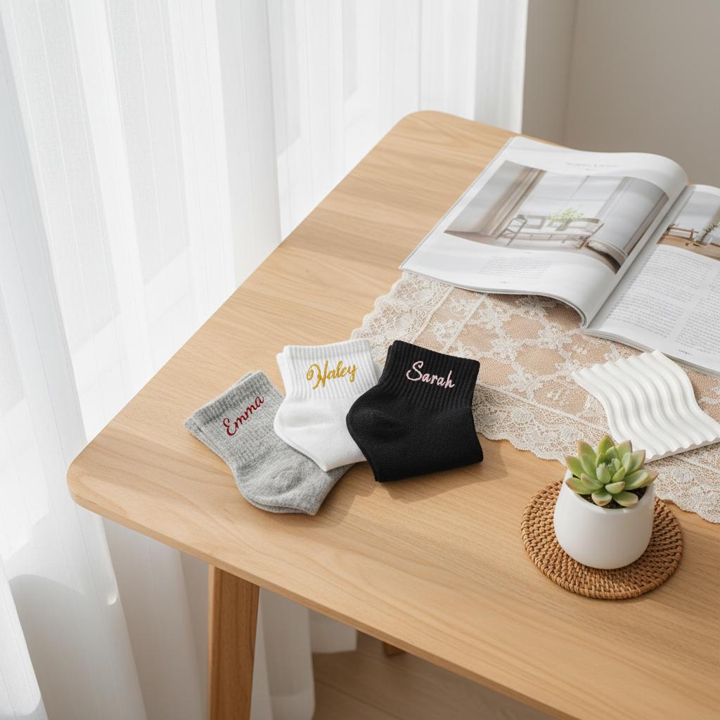 Personalized Name Socks – Custom Embroidered Cotton Socks, Elegant Cozy Gift for Her