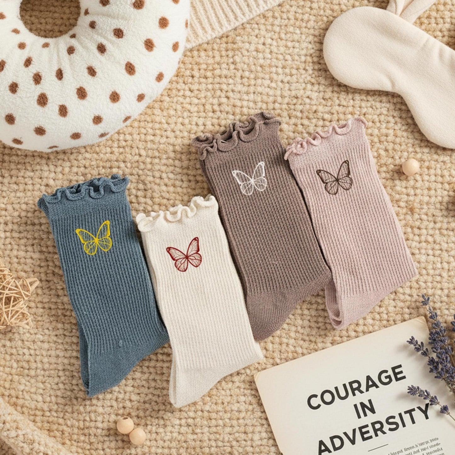 Kids Butterfly Embroidered Socks 6-Pack, Ruffle Knit Girls Socks, Gift Set for Children