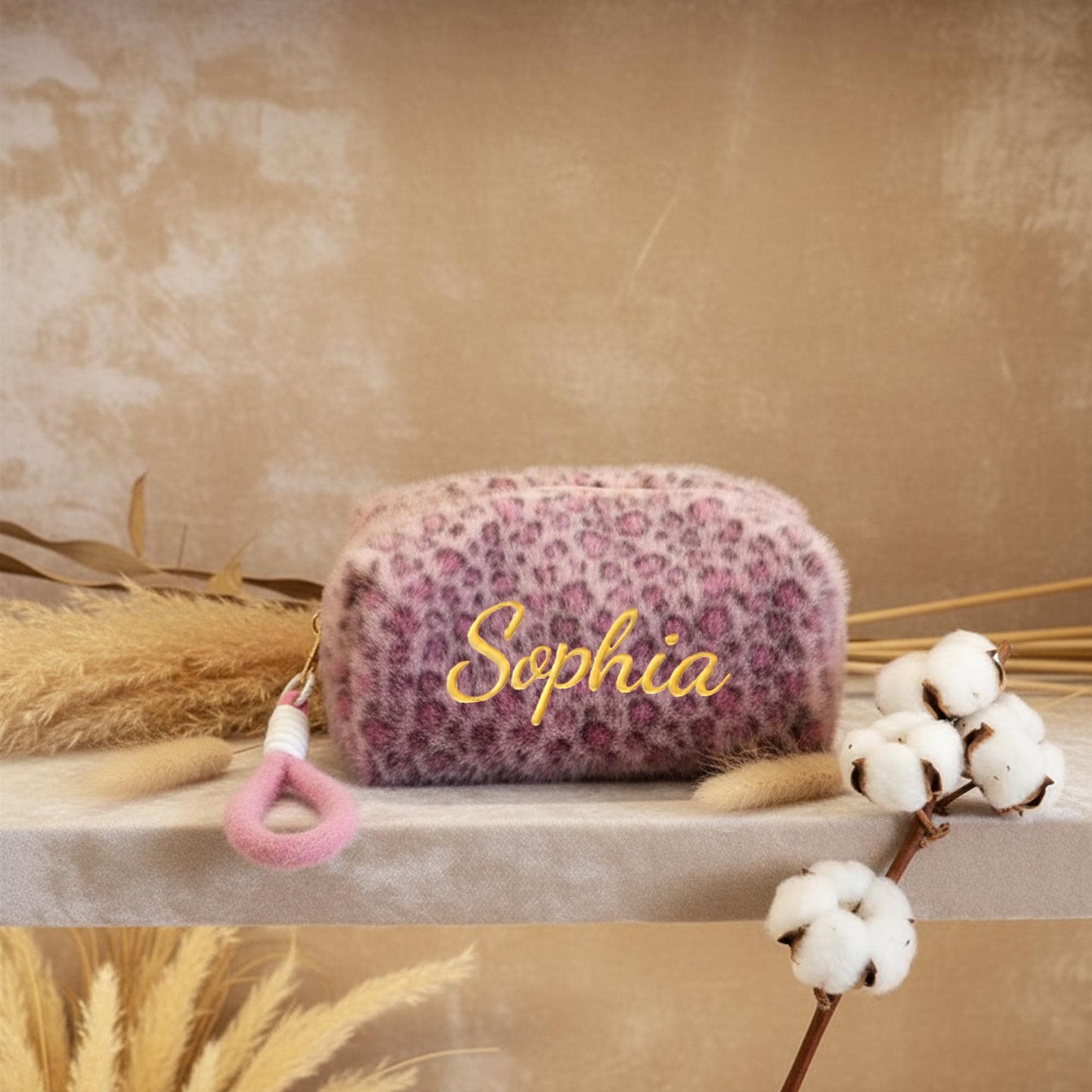 Personalized Leopard Print Makeup Bag | Custom Embroidered Name Cosmetic Pouch | Fuzzy Plush Toiletry Bag | Bridesmaid Gift