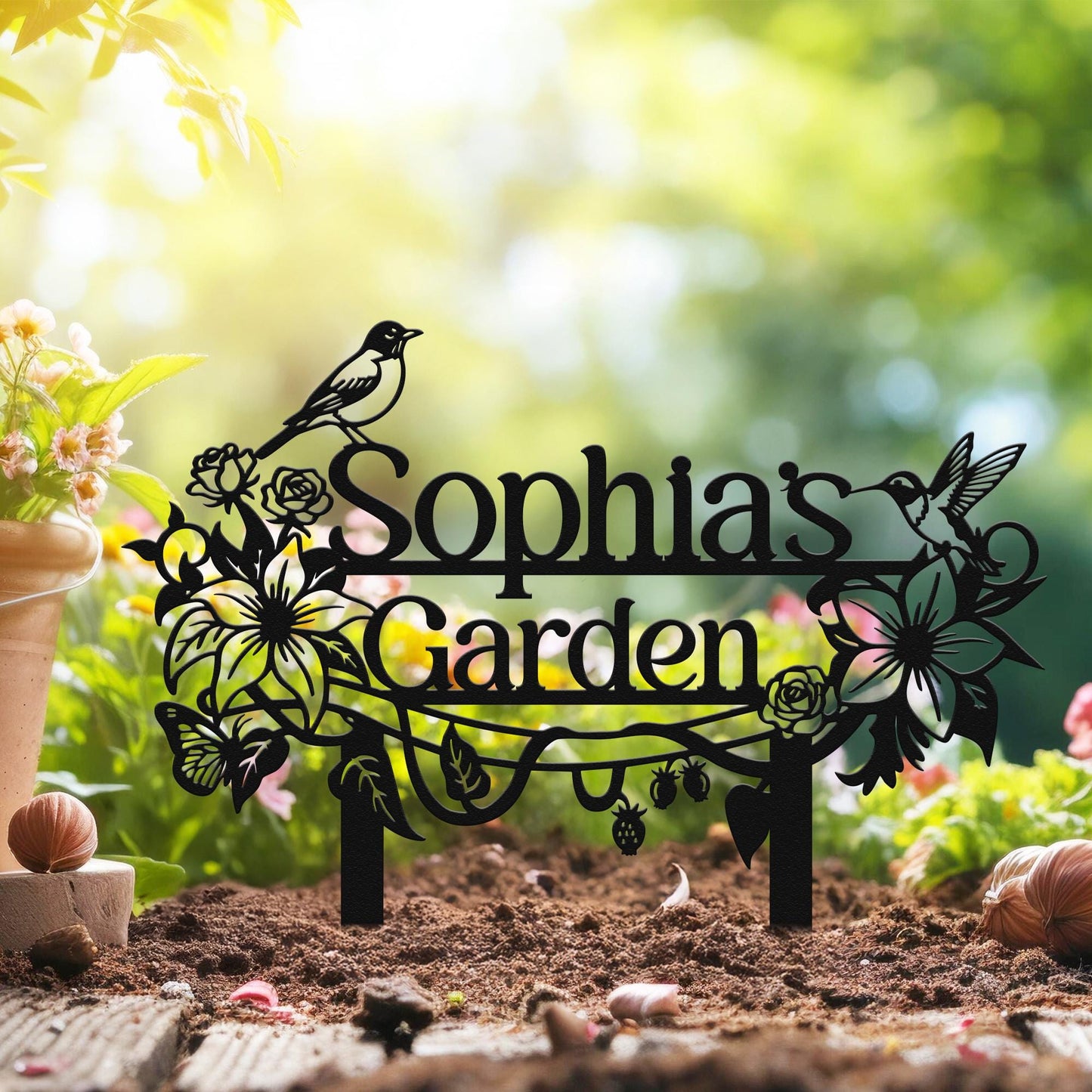Personalized Garden Stake – Custom Metal Garden Sign with Birds and Flowers, Outdoor Yard Name Sign