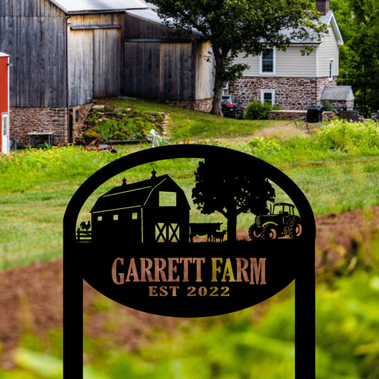 Custom Oval Tractor and Wagon Farm Scene Sign, Personalized Ranch metal sign, Farmhouse Decor, Gift For Farmer, Metal Farm Sign Name Sign