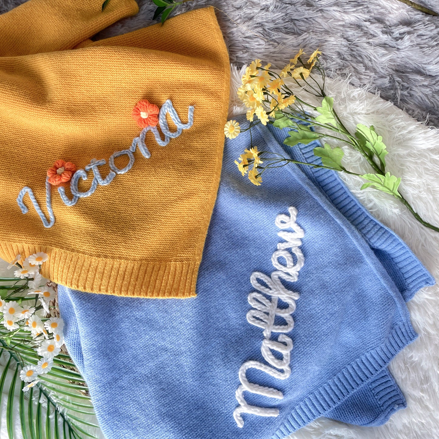 Personalized Baby Blanket: Embroidered Name, Soft Knit Stroller Blanket