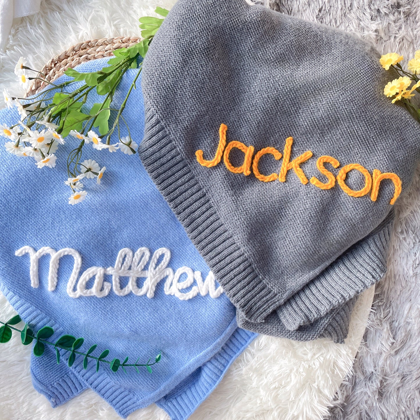 Personalized Baby Blanket: Embroidered Name, Soft Knit Stroller Blanket