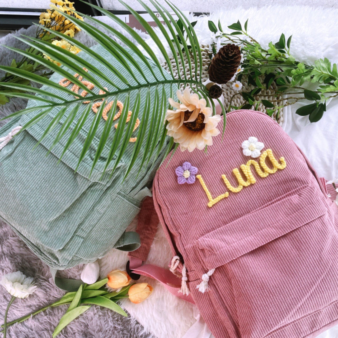 Custom Embroidered Corduroy Backpack: Personalized Nursery School Bag