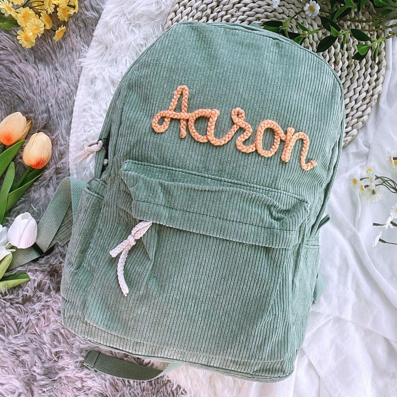 Custom Embroidered Corduroy Backpack: Personalized Nursery School Bag