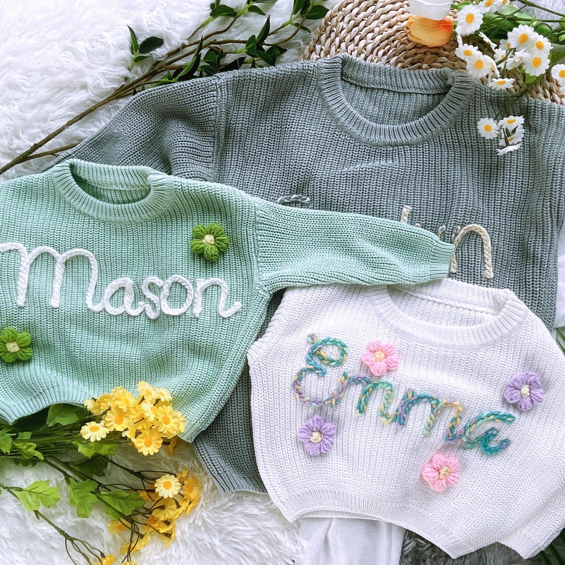 Hand-Embroidered Name Baby Sweater: Personalized Knit Clothes