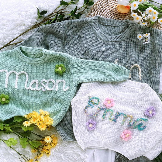 Hand-Embroidered Name Baby Sweater: Personalized Knit Clothes