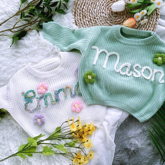 Hand-Embroidered Name Baby Sweater: Custom Monogrammed Gift
