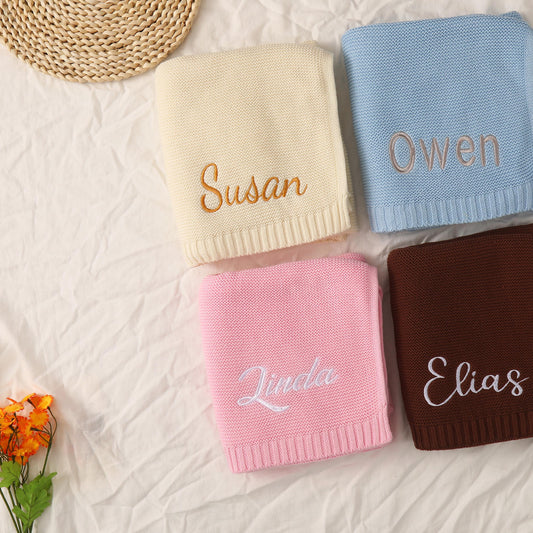 Embroidered Knit Baby Blanket: Custom Name, Cotton Newborn Gift