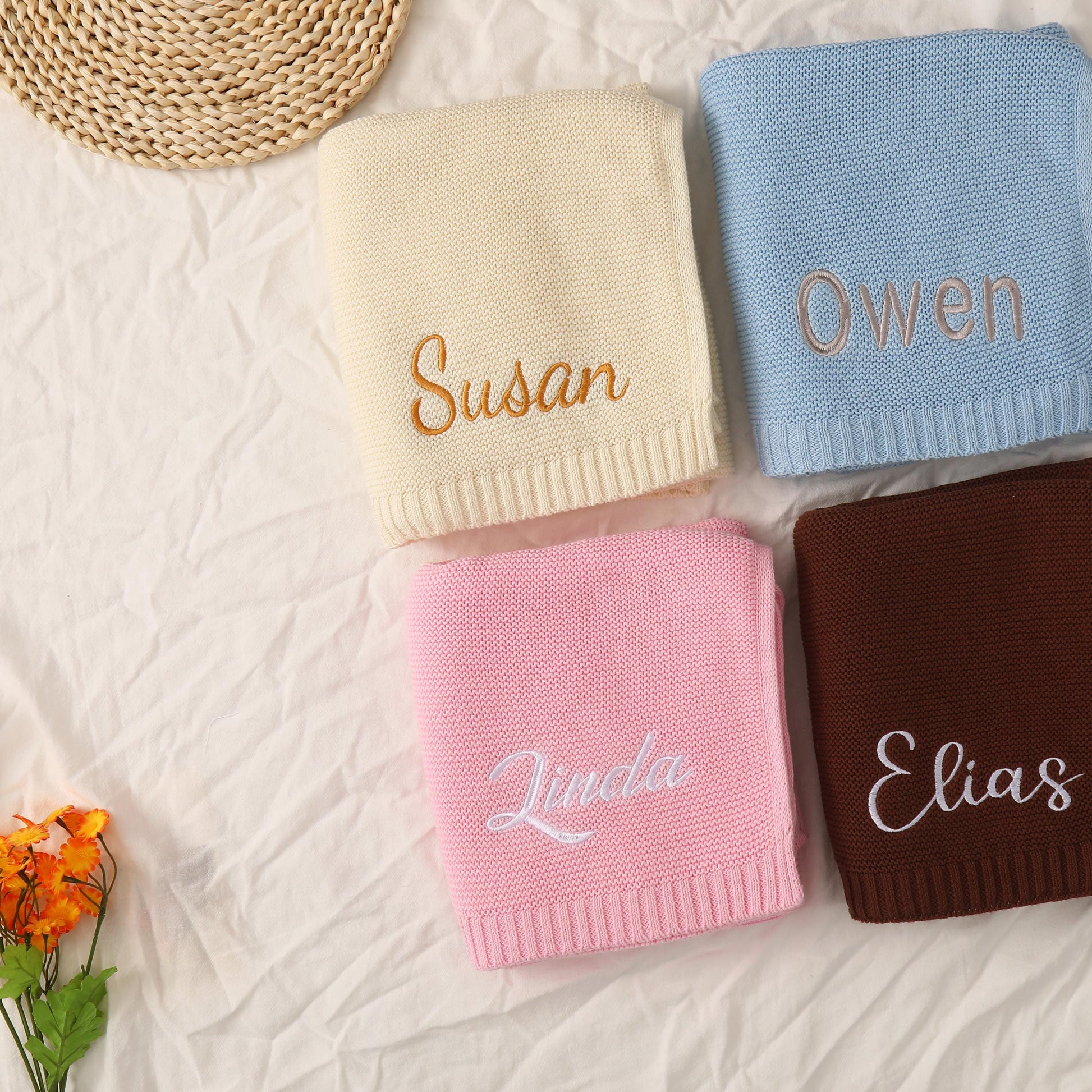 Embroidered Knit Baby Blanket With Name: Personalized Cotton Yarn