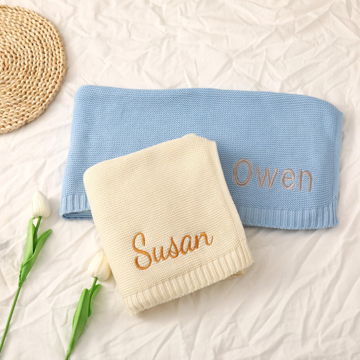 Embroidered Knit Baby Blanket With Name: Personalized Cotton Yarn