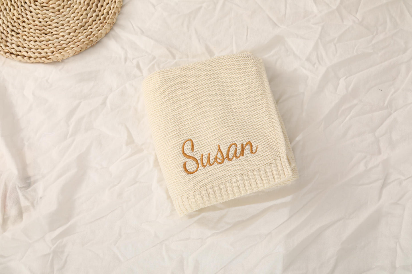 Embroidered Knit Baby Blanket: Custom Name, Cotton Newborn Gift