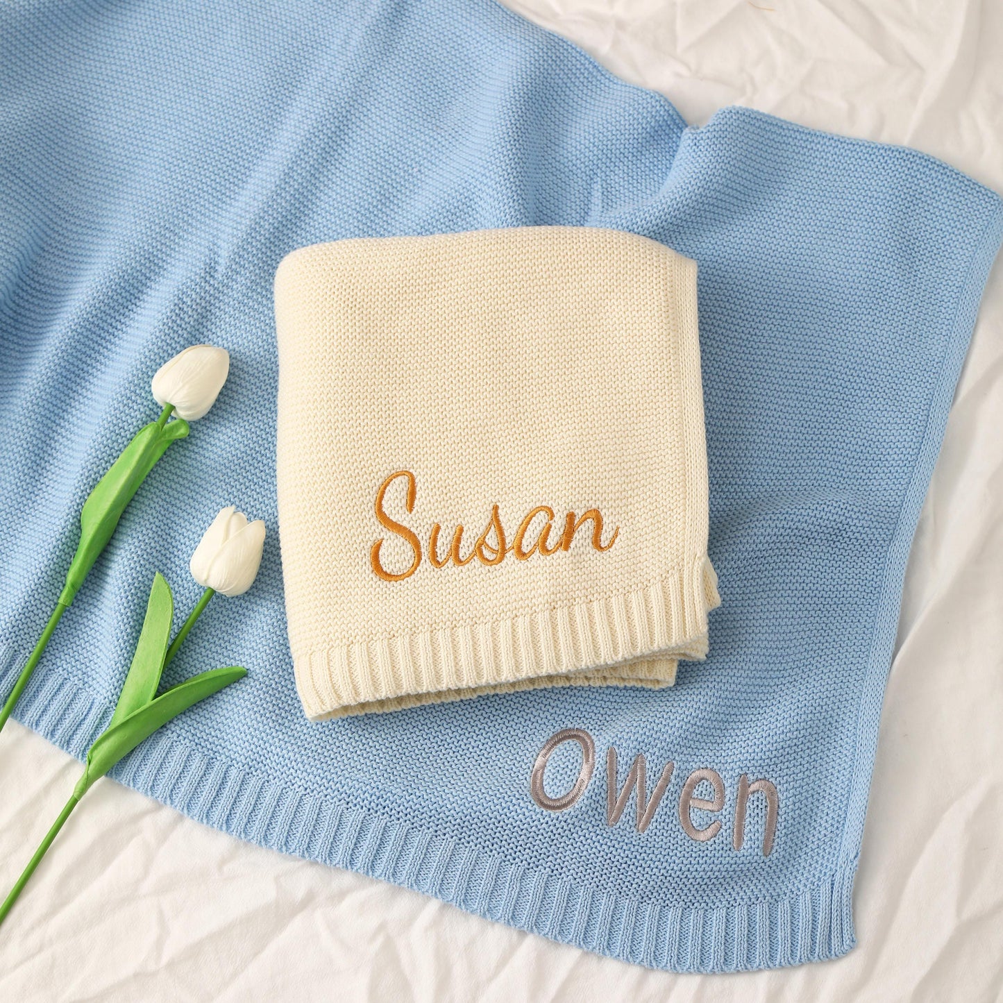 Embroidered Knit Baby Blanket With Name: Personalized Cotton Yarn