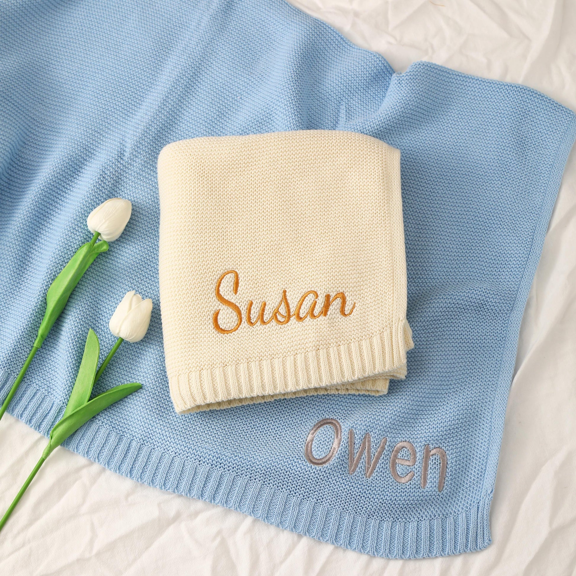 Embroidered Knit Baby Blanket With Name: Personalized Cotton Yarn