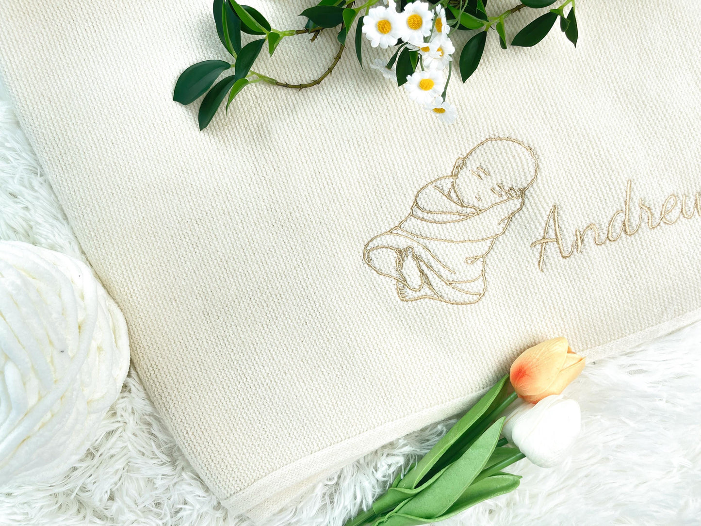 Hand-Embroidered Baby Portrait Blanket: Personalized Cotton Keepsake