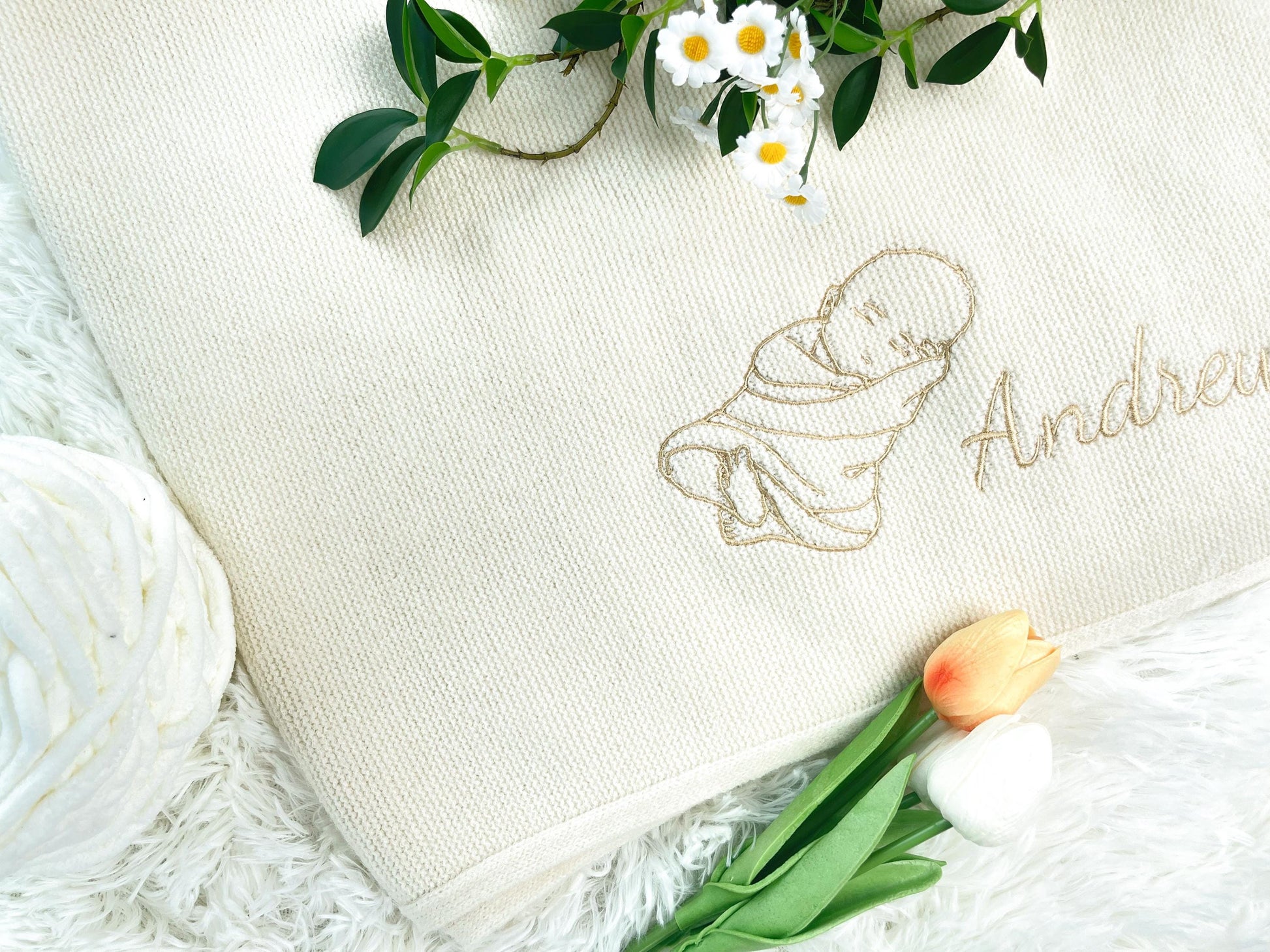 Hand-Embroidered Baby Portrait Blanket: Personalized Cotton Keepsake