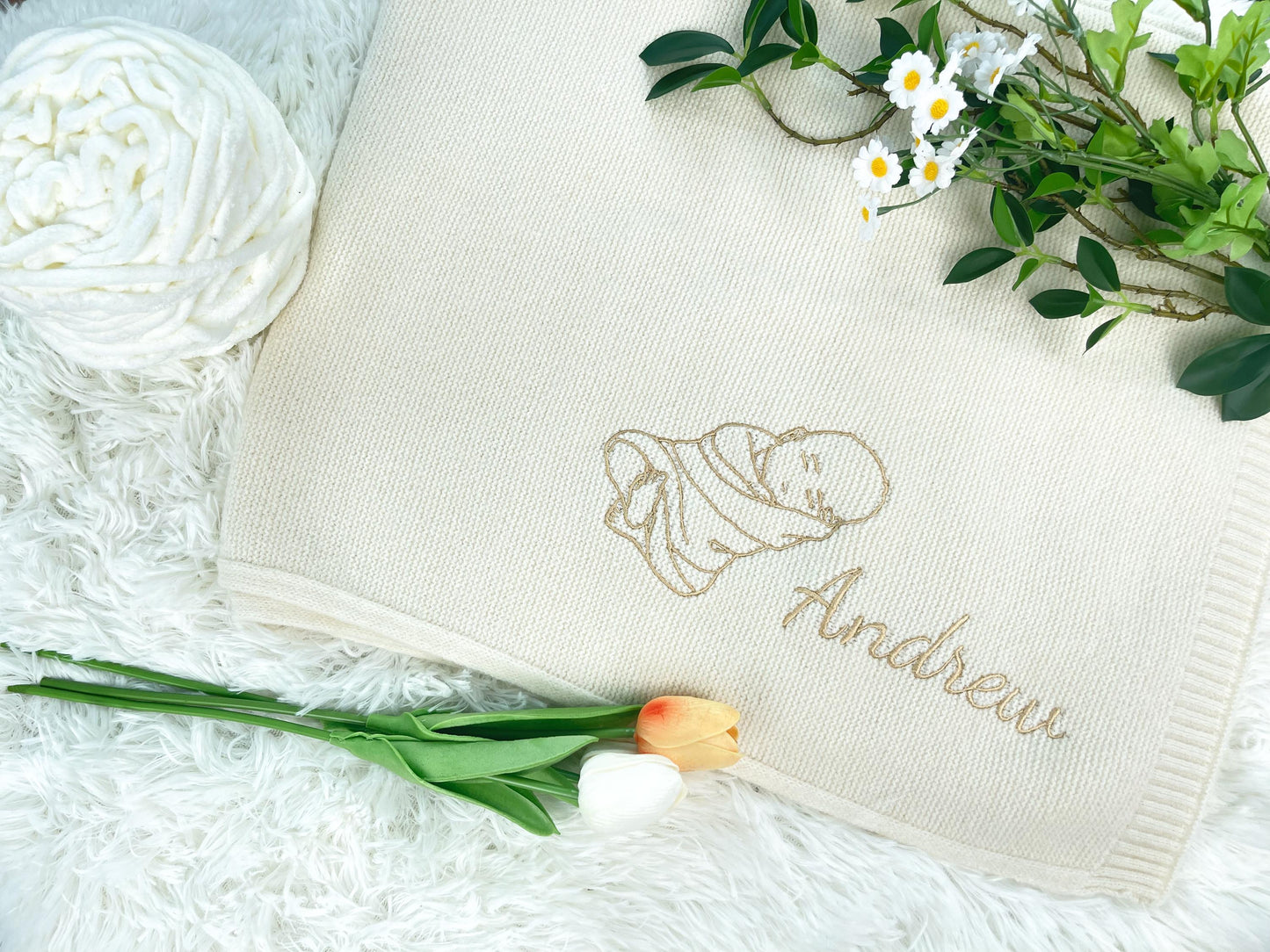 Hand-Embroidered Baby Portrait Blanket: Personalized Cotton Keepsake