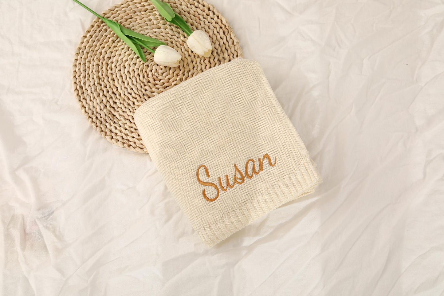 Embroidered Knit Baby Blanket: Custom Name, Cotton Newborn Gift