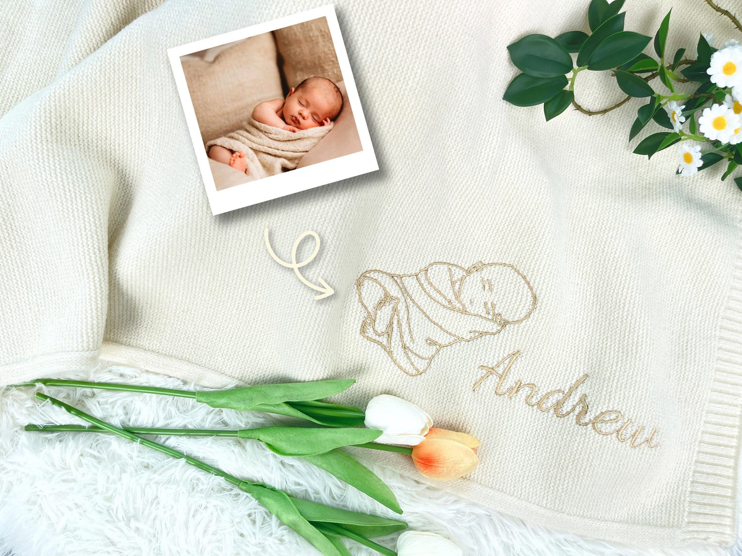Hand-Embroidered Baby Portrait Blanket: Personalized Cotton Keepsake