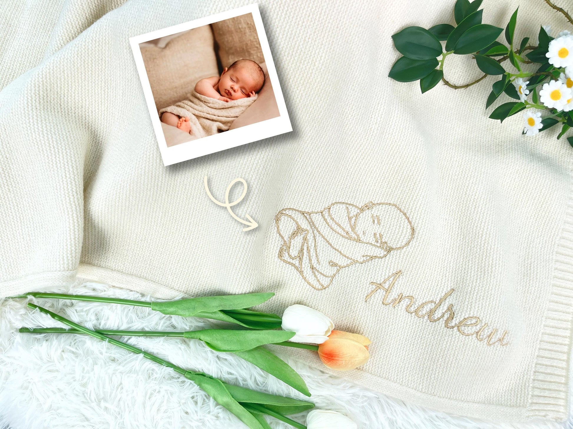 Hand-Embroidered Baby Portrait Blanket: Personalized Cotton Keepsake