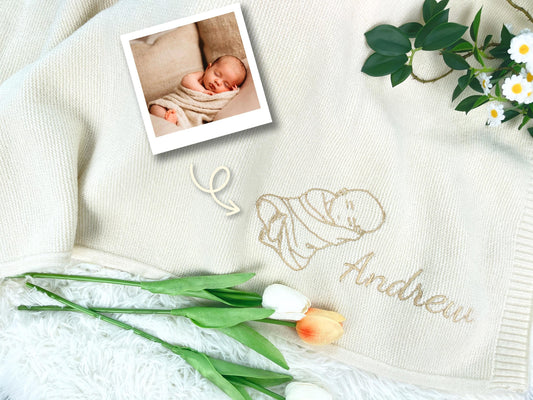 Hand-Embroidered Baby Portrait Blanket: Personalized Cotton Keepsake