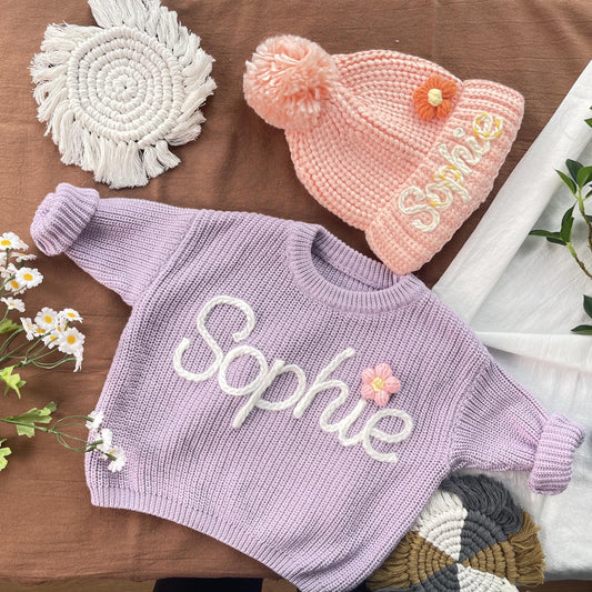 Customized Baby Name Sweater and Beanie Set, Embroidered Kids Gift
