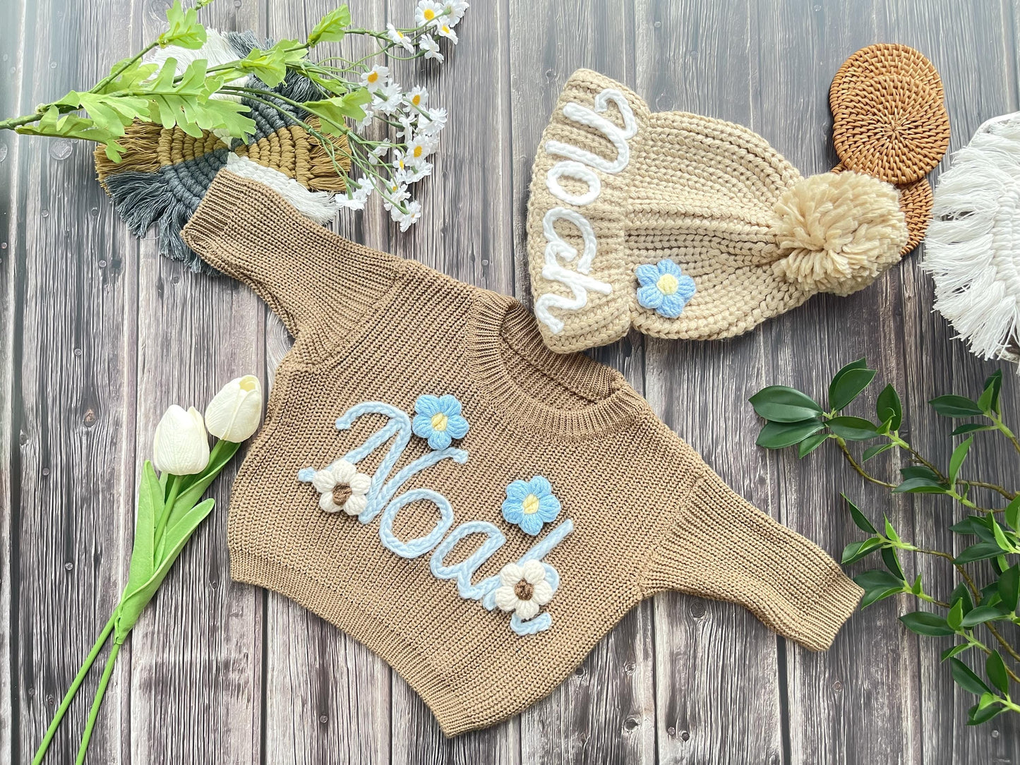 Customized Baby Name Sweater and Hat Set: Embroidered Knit Gift