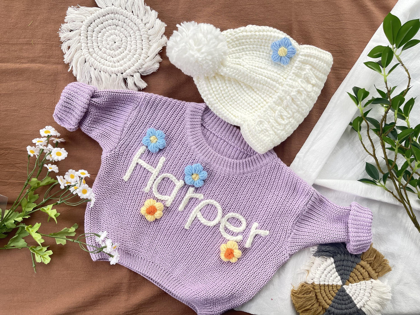 Customized Baby Name Sweater and Beanie Set, Embroidered Kids Gift