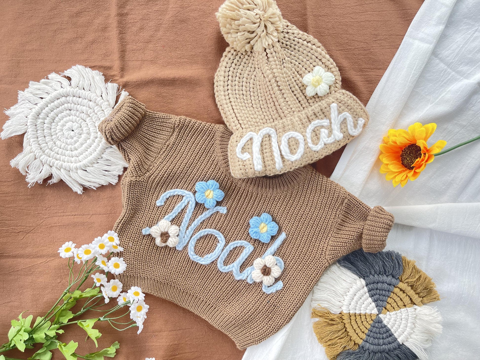 Customized Baby Name Sweater and Hat Set: Embroidered Knit Gift