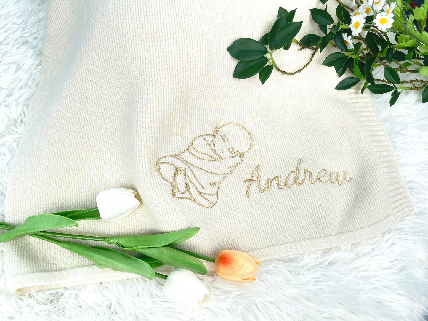 Hand-Embroidered Baby Portrait Blanket: Personalized Cotton Keepsake