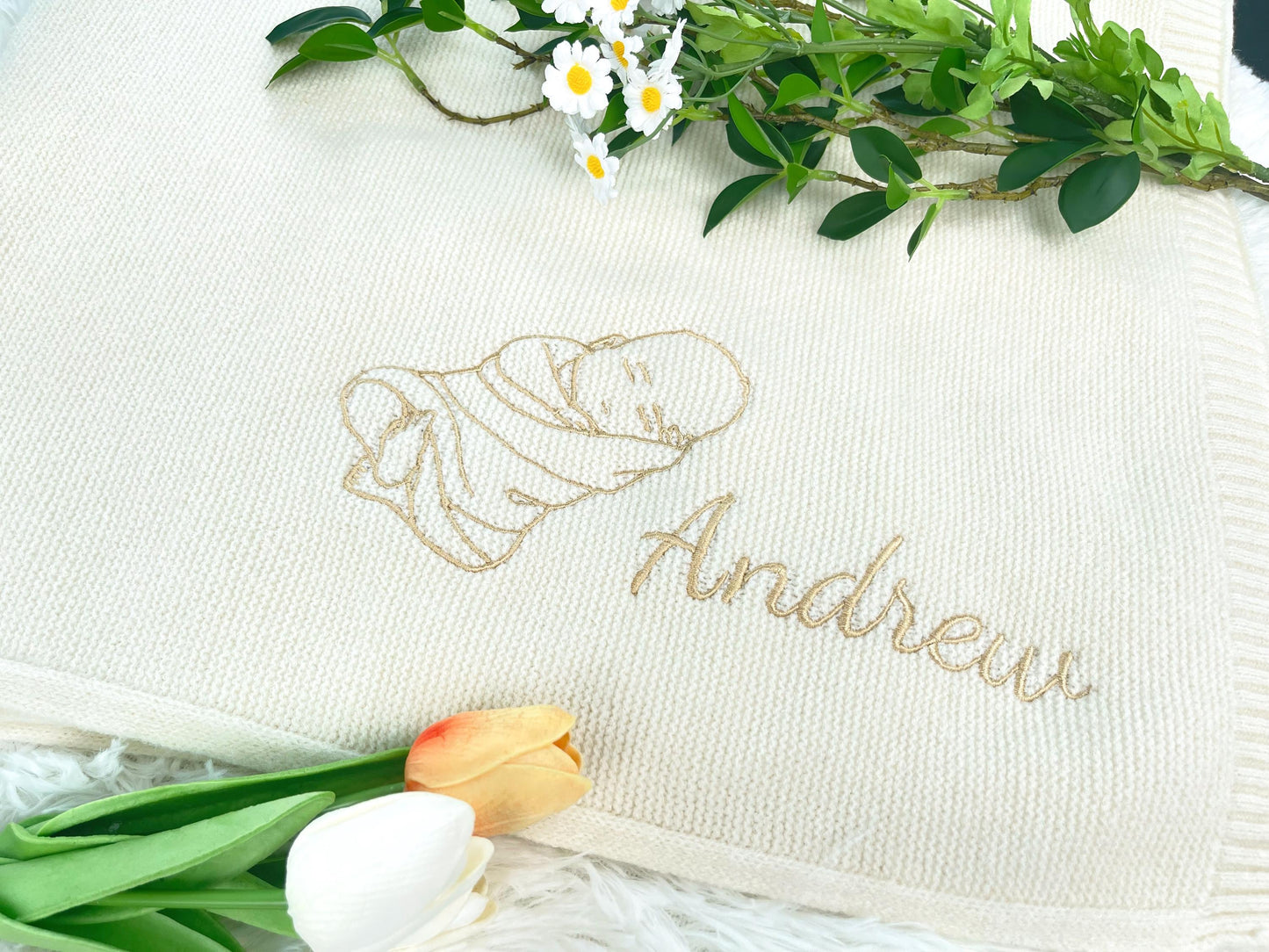 Hand-Embroidered Baby Portrait Blanket: Personalized Cotton Keepsake