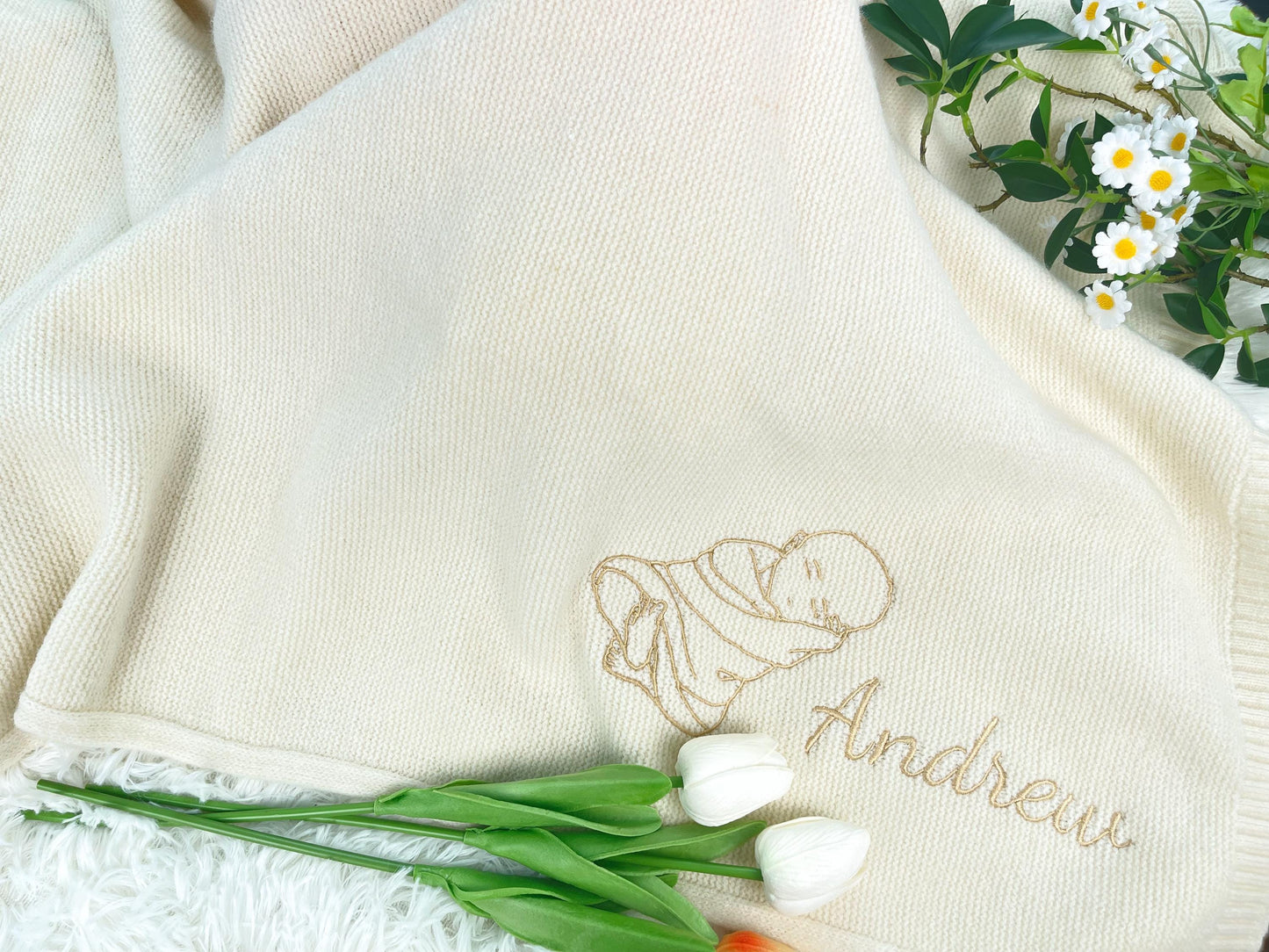 Hand-Embroidered Baby Portrait Blanket: Personalized Cotton Keepsake