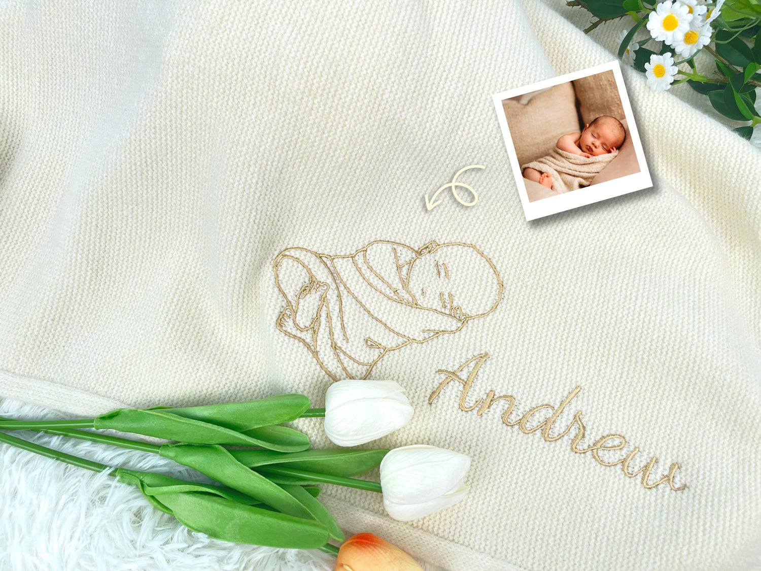 Hand-Embroidered Baby Portrait Blanket: Custom Cotton Keepsake