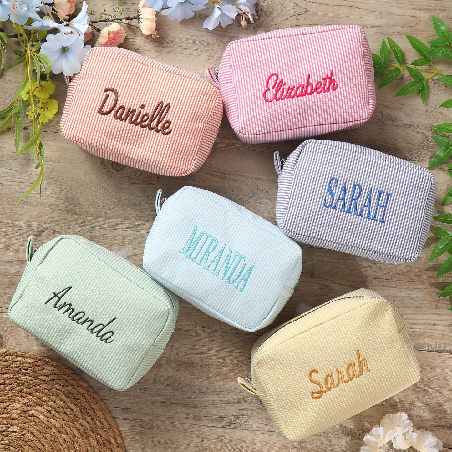 Personalized Seersucker Makeup Bag: Embroidered Cosmetic Travel Bag
