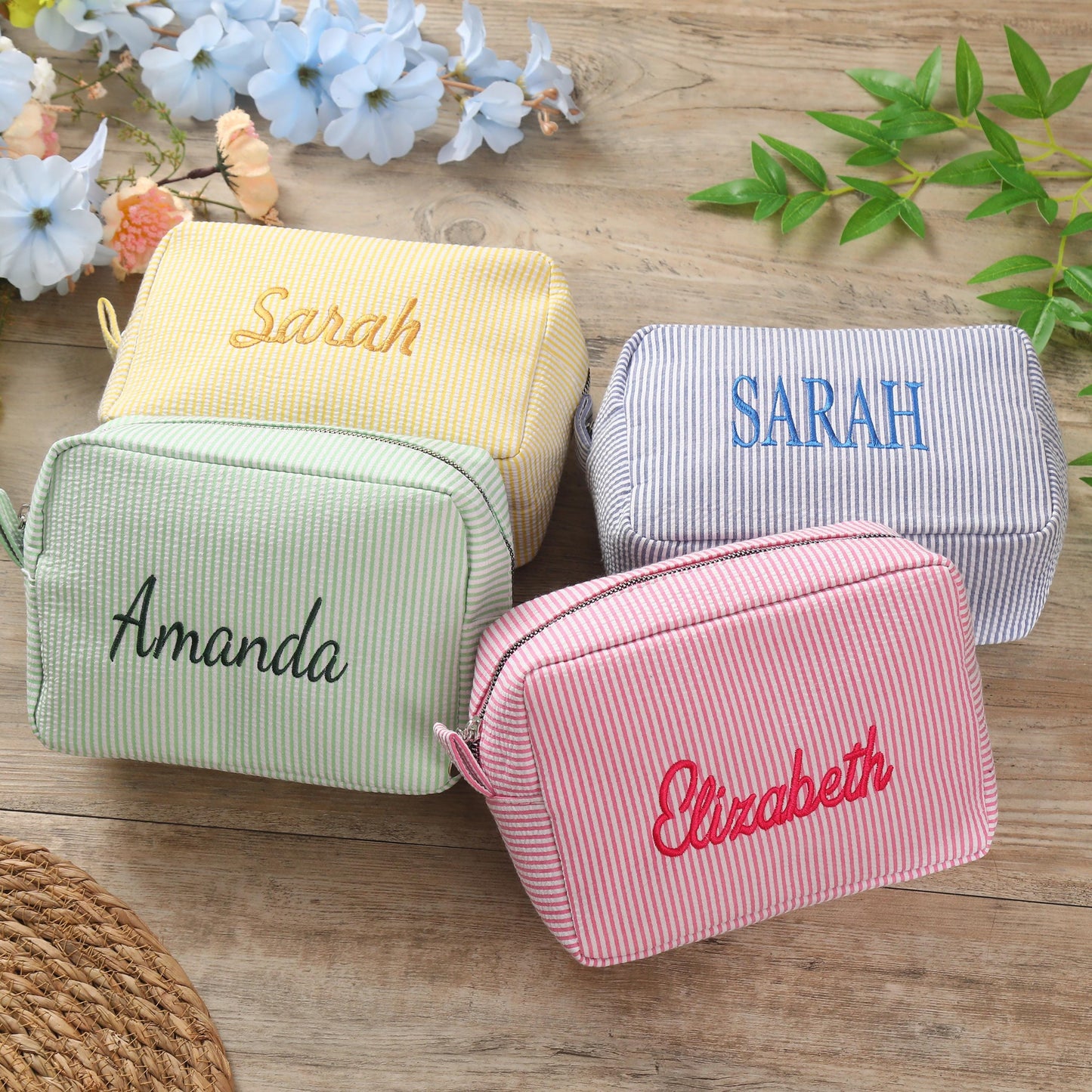 Embroidered Seersucker Makeup Bag, Custom Travel Cosmetic Bag