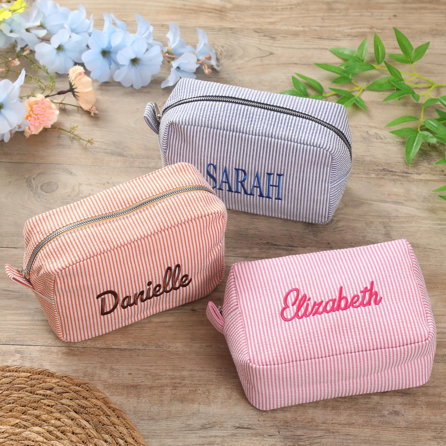 Personalized Embroidered Seersucker Makeup Bag, Bridesmaid Gift