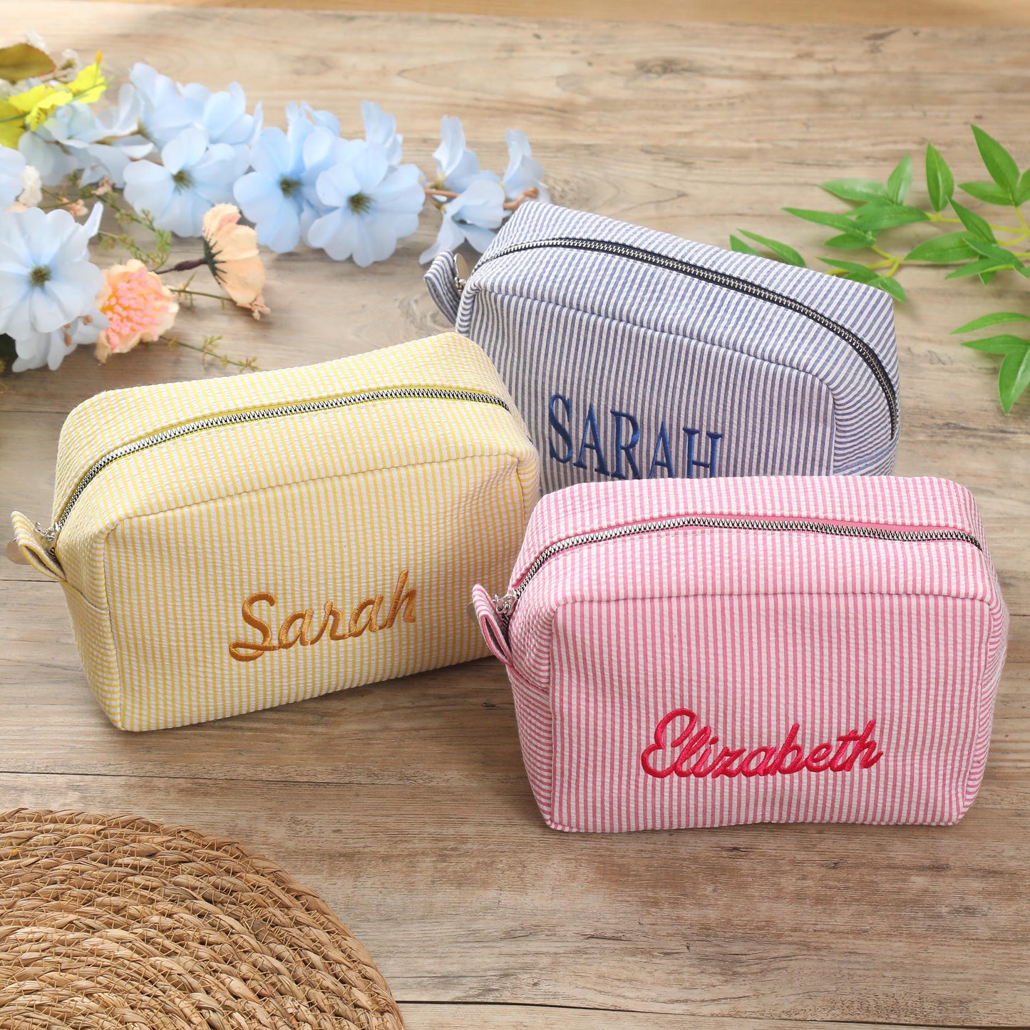 Personalized Seersucker Makeup Bag: Embroidered Cosmetic Travel Bag