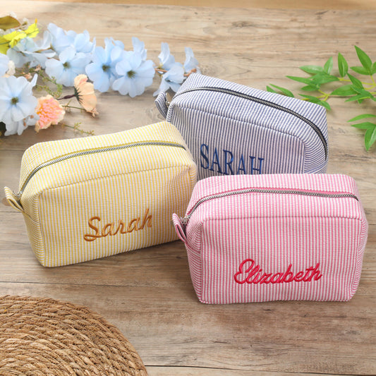 Personalized Seersucker Makeup Bag: Embroidered Cosmetic Travel Bag