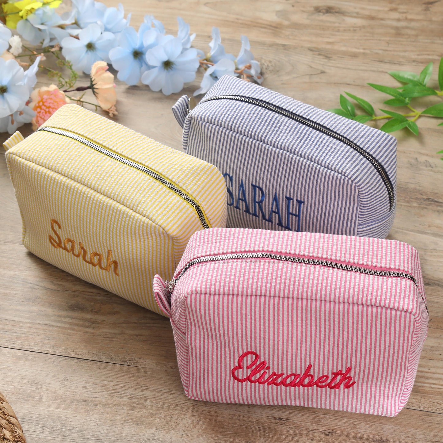 Custom Embroidered Seersucker Makeup Bag, Bridesmaid Gift