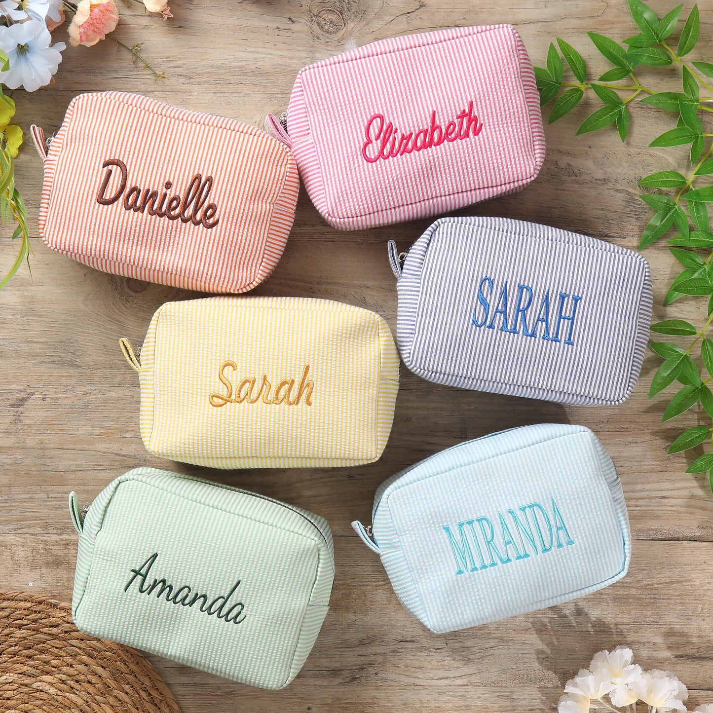 Embroidered Seersucker Makeup Bag, Custom Travel Cosmetic Bag