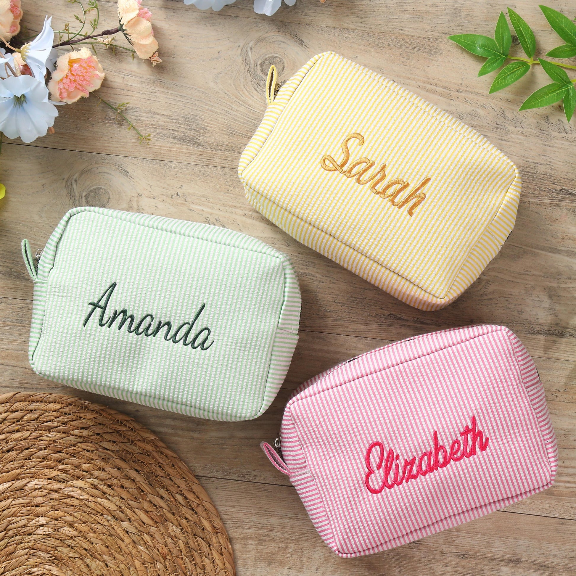 Embroidered Seersucker Makeup Bag, Custom Travel Cosmetic Bag