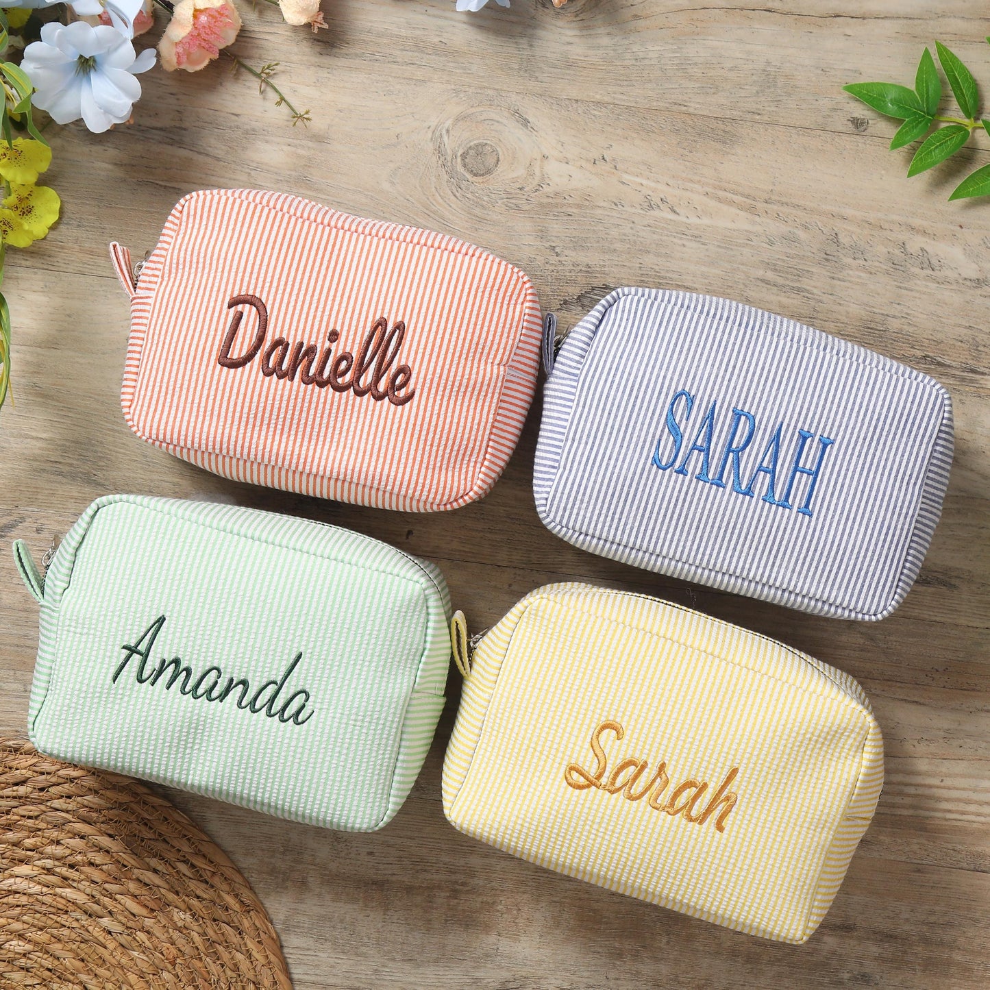 Embroidered Seersucker Makeup Bag, Custom Travel Cosmetic Bag