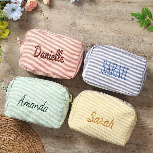 Custom Embroidered Seersucker Makeup Bag, Bridesmaid Gift