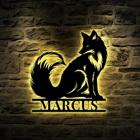 Custom Fox Metal Wall Art LED Light Personalized Fox Lover Name Sign Home Decor Kid Nursery Decoration Wild Animal Housewarming Birthday