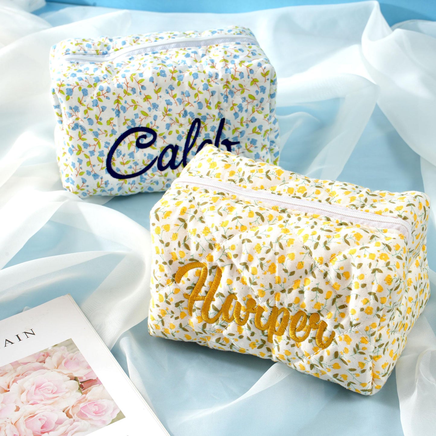 Personalized Floral Embroidered Makeup Bag: Custom Cosmetic Pouch