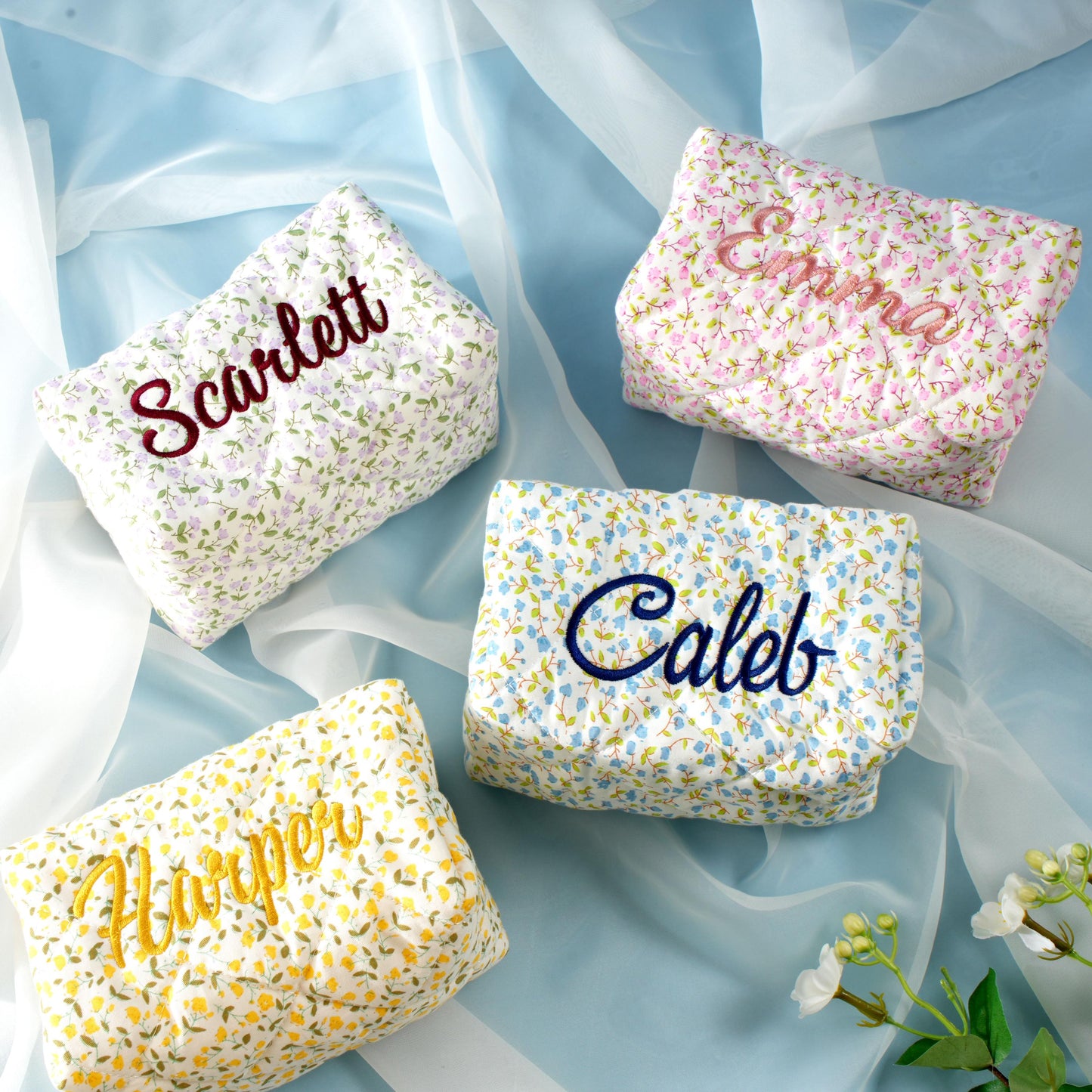 Personalized Floral Embroidered Makeup Bag, Custom Cosmetic Pouch