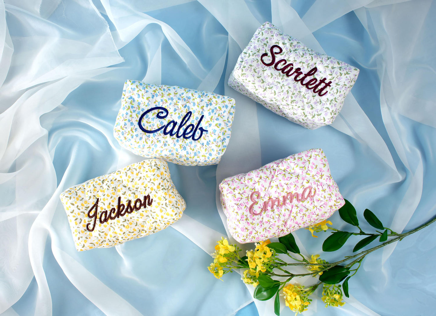Personalized Floral Embroidered Makeup Bag, Custom Cosmetic Pouch, Bridesmaid Gift,  Travel Organizer, Christmas Present