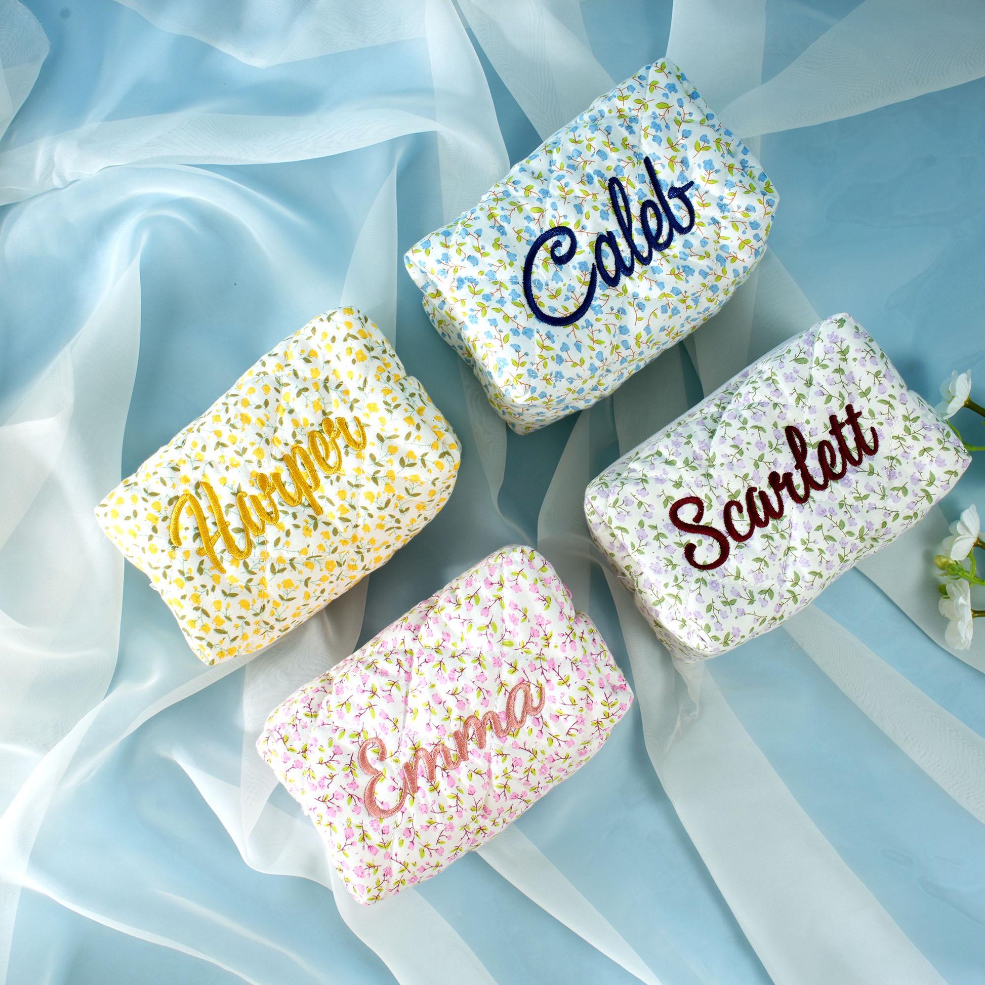 Personalized Floral Embroidered Makeup Bag, Custom Cosmetic Pouch