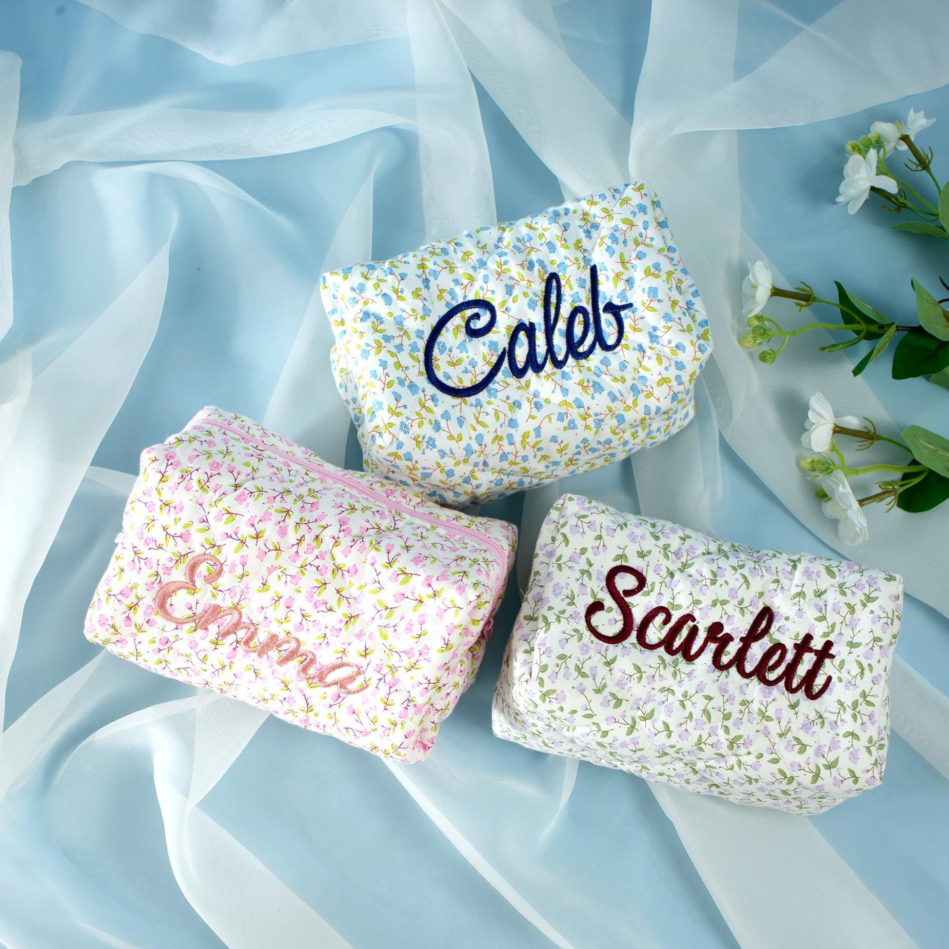 Personalized Floral Embroidered Makeup Bag, Custom Cosmetic Pouch